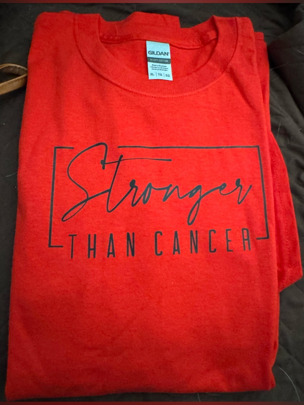 Gildan Red Short-Sleeve Tee with "Stronger Than Cancer" Graphic